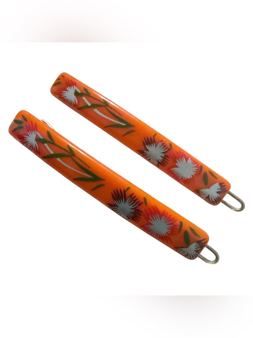 1970’s French Floral Hair Clips Barrettes in Orange, 2.5” , Deadstock, Unworn